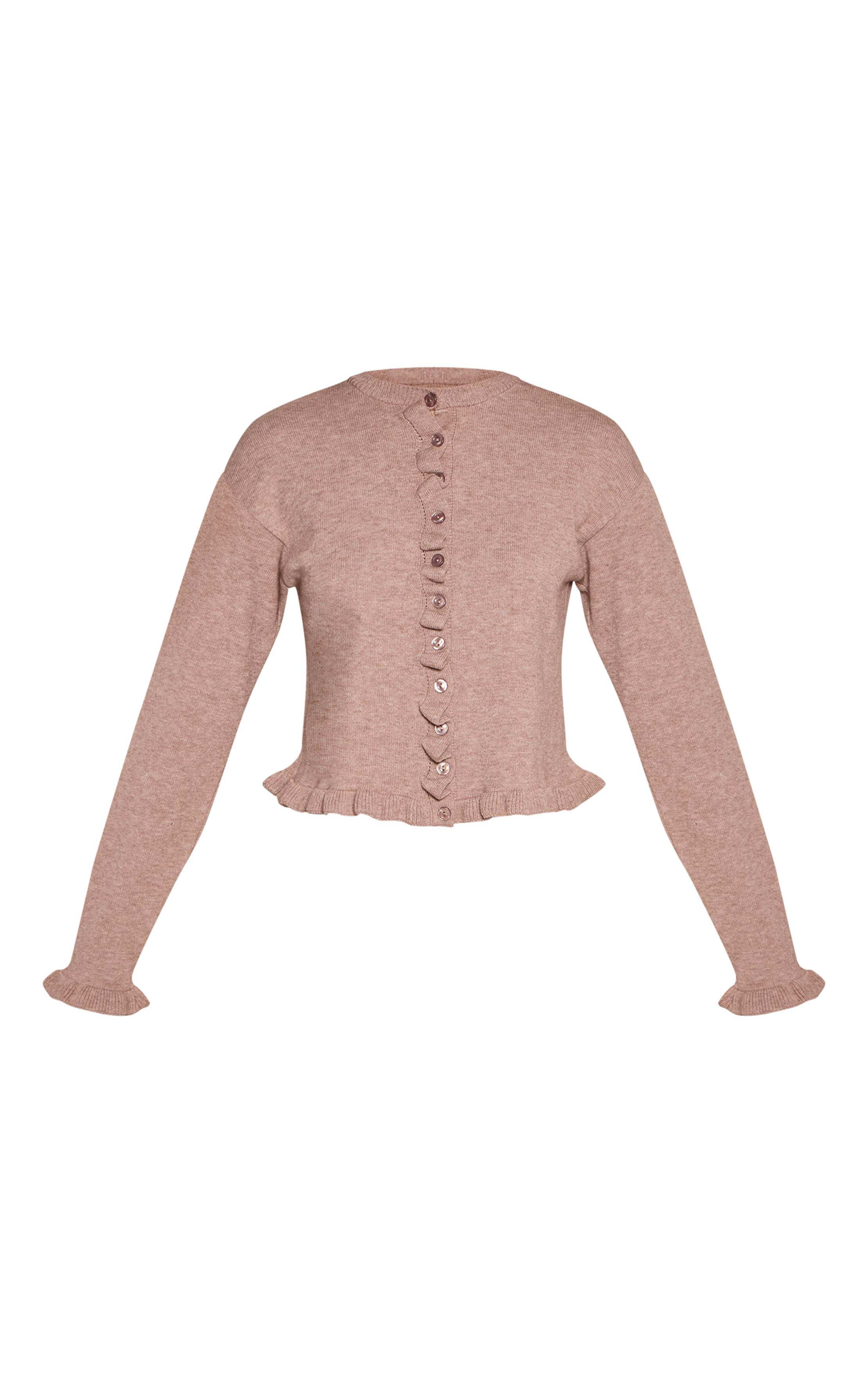 Taupe Cardigan En Maille À Détails Volantés