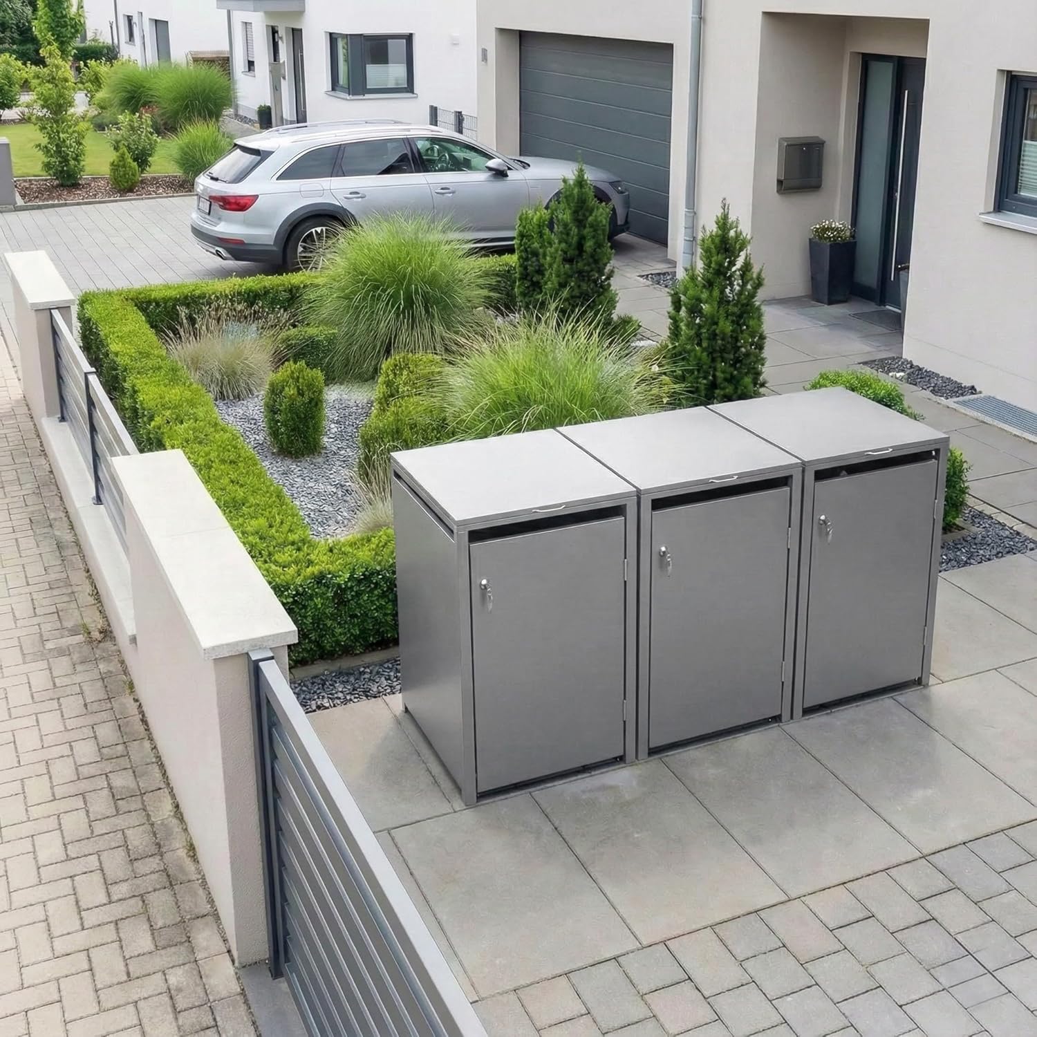 Metzler Mülltonnenbox 3er 240L in Graualuminium, Mülltonnenverkleidung für 3 Tonnen abschließbar und mit Automatikdeckel, pulverbeschichteter & witterungsbeständiger Stahl in RAL9007, Müllbox rostfrei