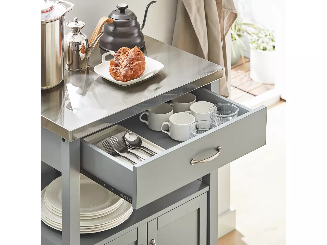 Desserte De Cuisine Roulante, Meuble De Rangement À Roulettes Plateau En Acier Inox, Fkw22-hg