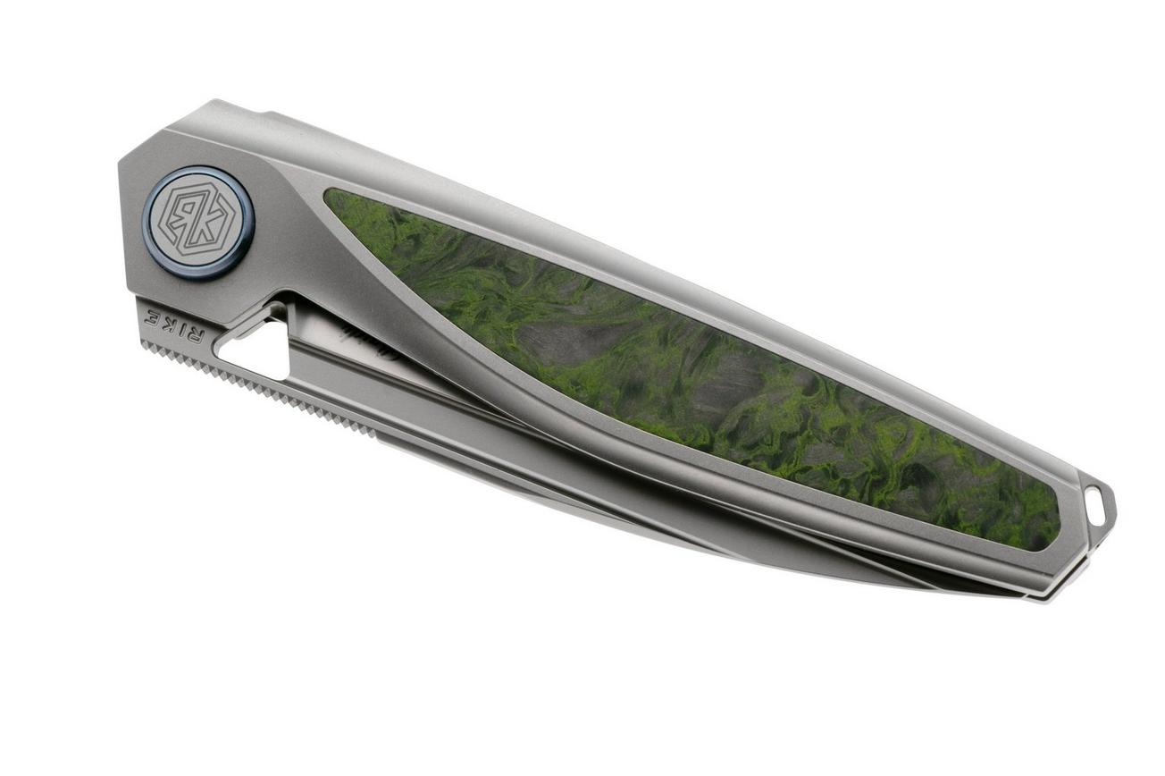 Rike Knife Baidi 13205-1 Bead Blasted Bohler M390, Titanium, Green Carbon Fiber Inlay, zakmes