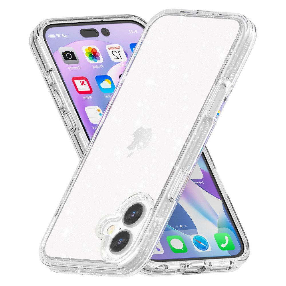 iPhone 16 Hybrid Hardcase Schutzhülle im Glitzer Design - Silber / Transparent