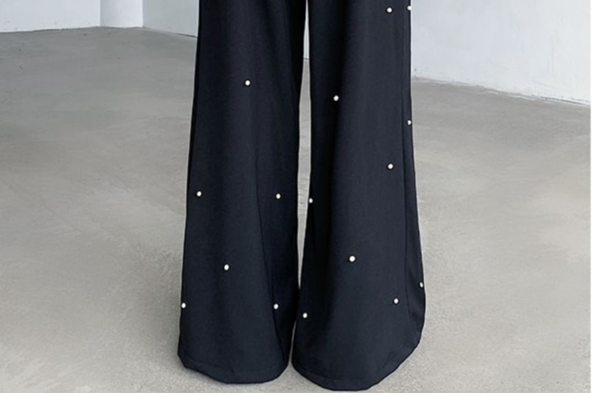 Freehop - Hoge taille, kralen, effen, wijde pijpen broek