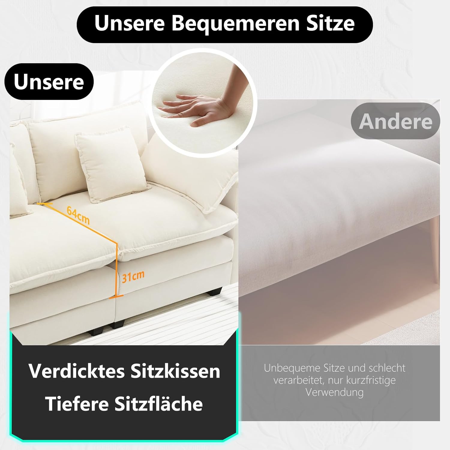 3-Sitzer Cloud Sofa, Bequeme Doppelsitzkissen, Modernes Sofa mit Armlehnen/Dekokissen, Atmungsaktivem Chenille-Stoff, Couch für Wohnzimmer, Beige