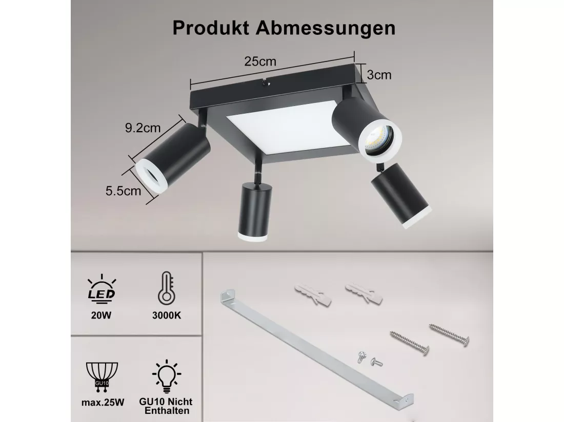 NETTLIFE Spot de plafond 4 ampoules GU10 3000k 20W lampe de cuisine noire blanc chaud lampe de couloir pivotante
