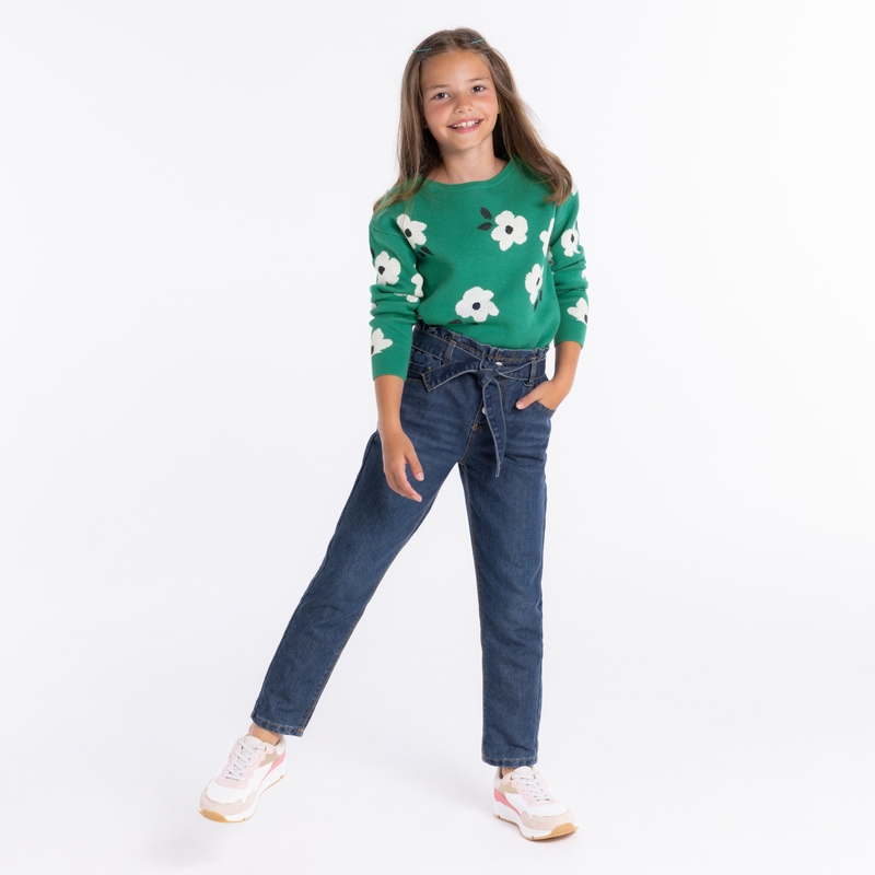 Pull jacquard à fleurs vert fille