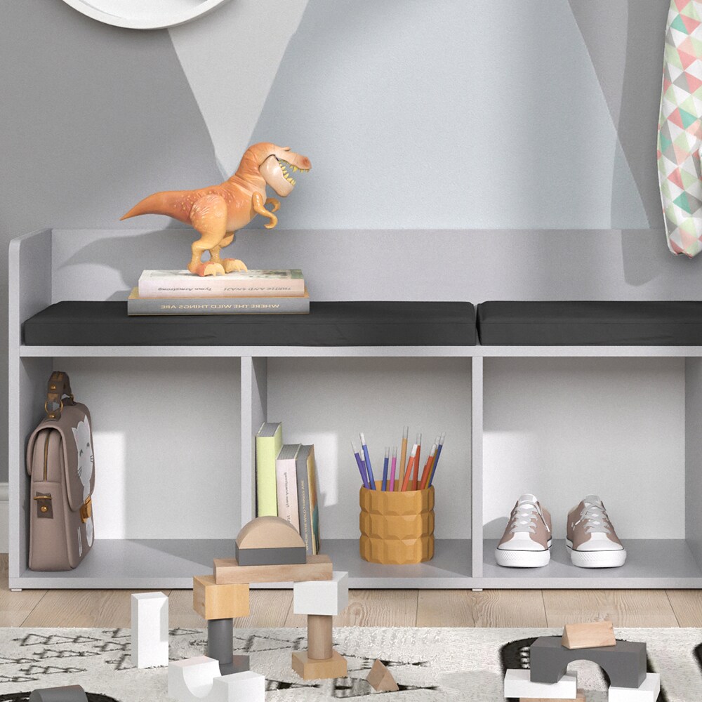 Vicco Sitzbank Kinderzimmerbank Kinderregal Luigi Hellgrau 142x53 cm modern Kinderzimmer Regal Aufbewahrungsregal Bücherregal Lesebank Spielzeugaufbewahrung Organizer Regal-Bank-Kombi 4 Fächer