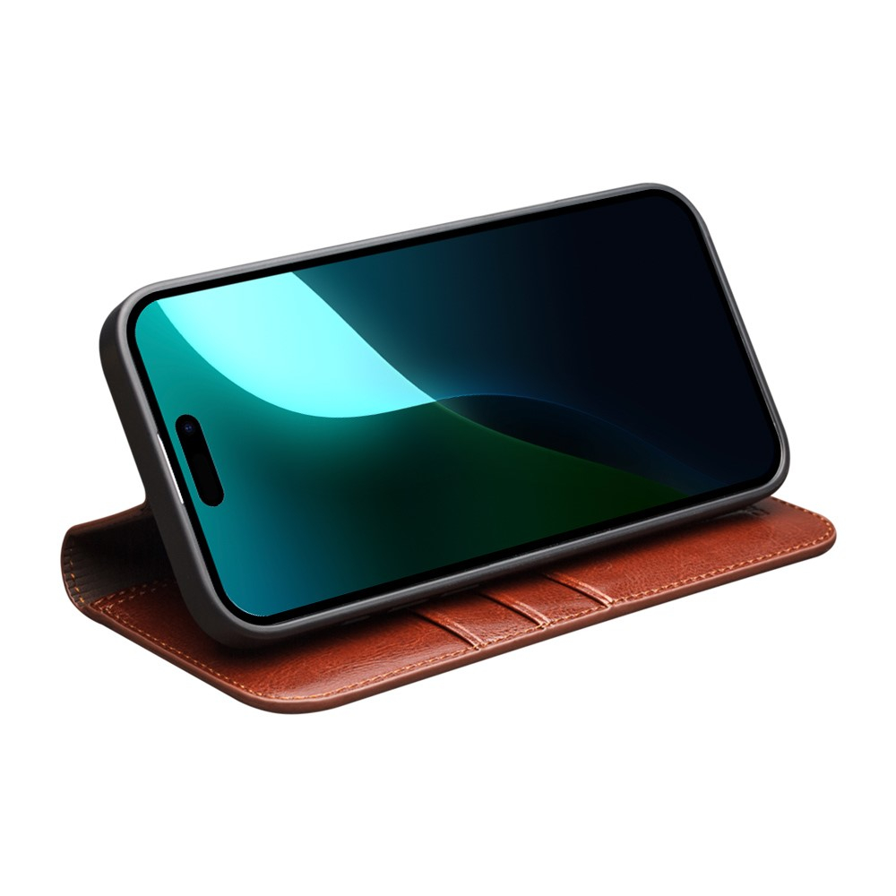 iPhone 16 Echtleder Tasche Flip Wallet Cover mit Kartenfächer - Braun