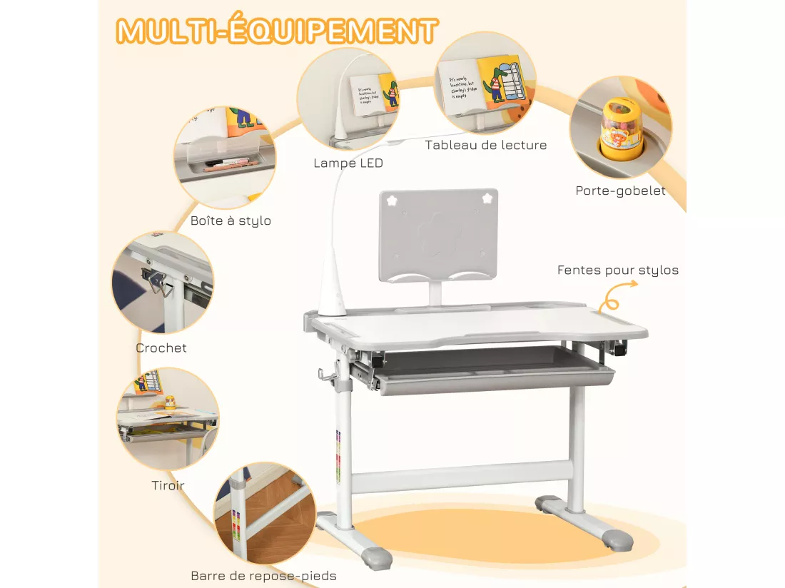HOMCOM Bureau enfant avec chaise - ensemble bureau et chaise réglable - lampe, support de lecture, tablette coulissante multi-rangement - gris blanc