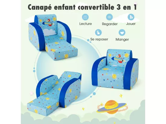 Canapé Convertible pour Enfants de 0-4Ans, Canapé-Lit Rembourré pour Enfants avec Siège Rembourré en Éponge, Tissu en Velours et Motif pour Lecture, Jeu et Repos (Avion)