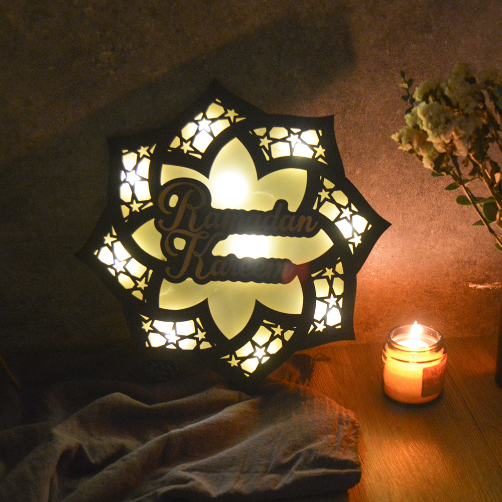 (Ø30cm) Holz Ramadan Kareem Deko Licht Eid Mubarak Accessoire Bajram Beleuchtung (Batteriebetrieben) - Warmweiss