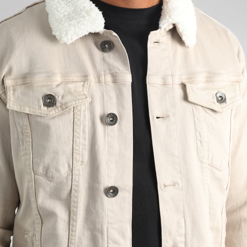 Veste Jean Col Fourrure 1888 Denim Beige