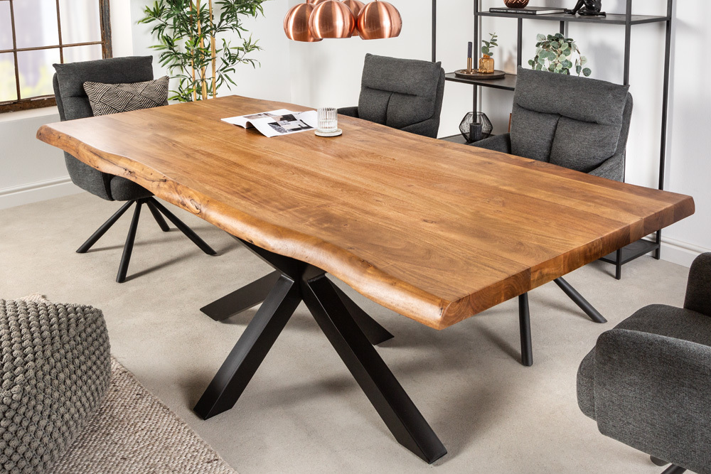 Massivholz Esstisch MAMMUT NATURE 220cm Akazie Metallgestell schwarz Baumkante 6cm Tischplatte