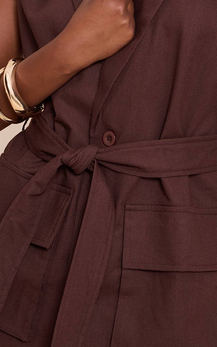Chocolat Gilet Utilitaire Aspect Lin Avec Ceinture À Nouer À La Taille