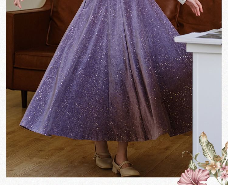 Cocaliso - Set: Lange mouwen, getailleerd, effen top met lange mouwen en een geplooide hals + spaghettibandjes, gedraaide glitter midi-lijn jurk