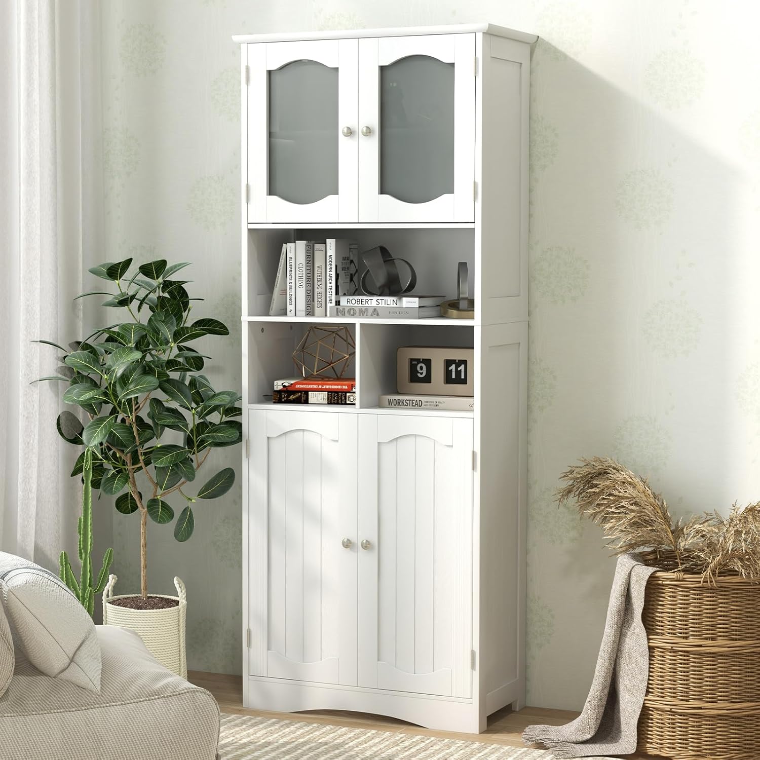 COSTWAY Badezimmerschrank, freistehender Hochschrank mit 4 Türen & Regalen & Verstellbarem Einlegeboden, Badschrank mit Kippschutz für Wohnzimmer, Badezimmer, Küche, Weiß, 60 x 30 x 148,5 cm