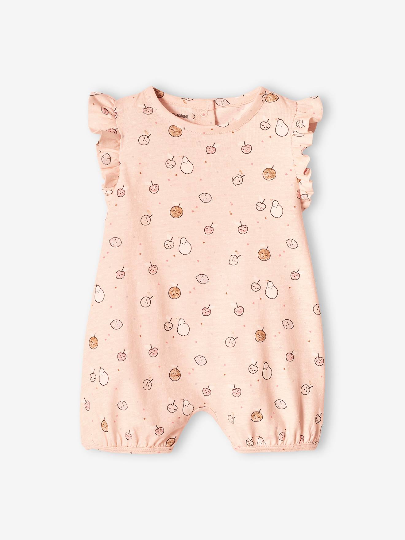 Conjunto de 2 macacões curtos para bebê com estampa de frutas em rosa claro