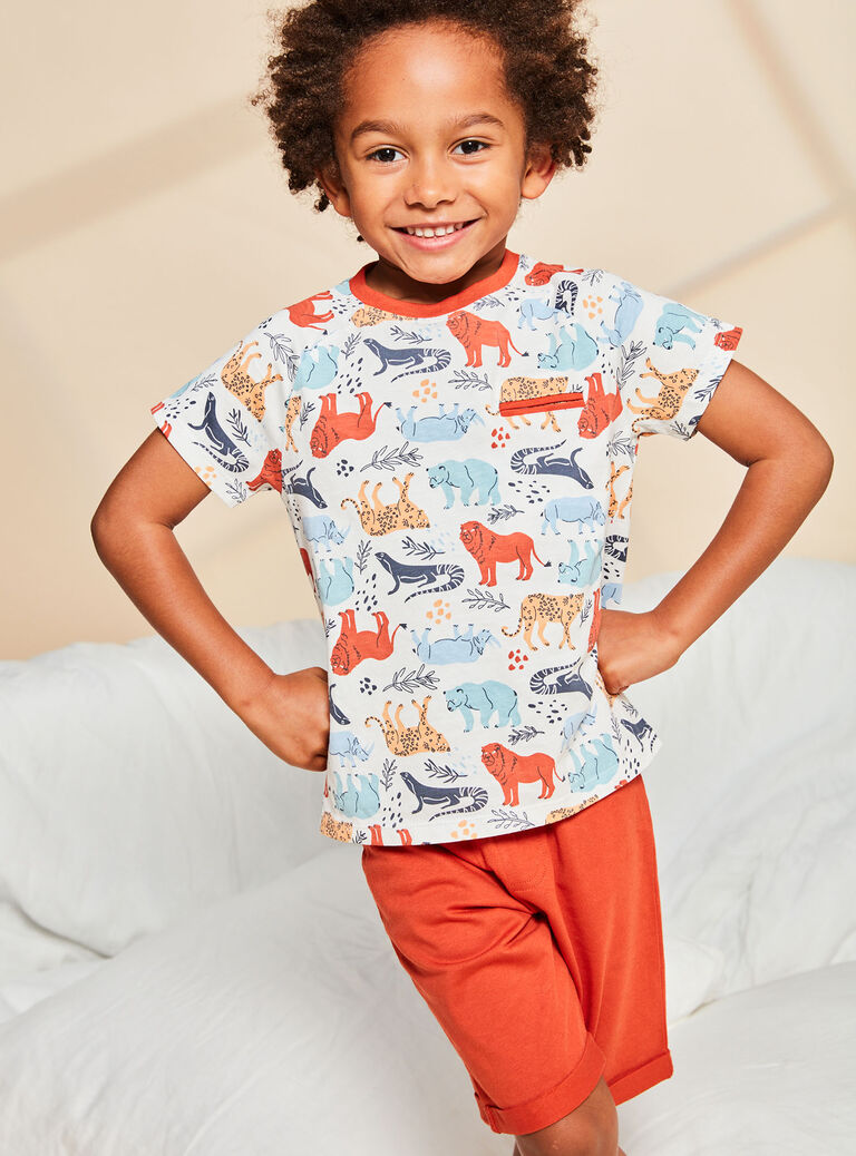 Pyjama écru et rouge à imprimé savane