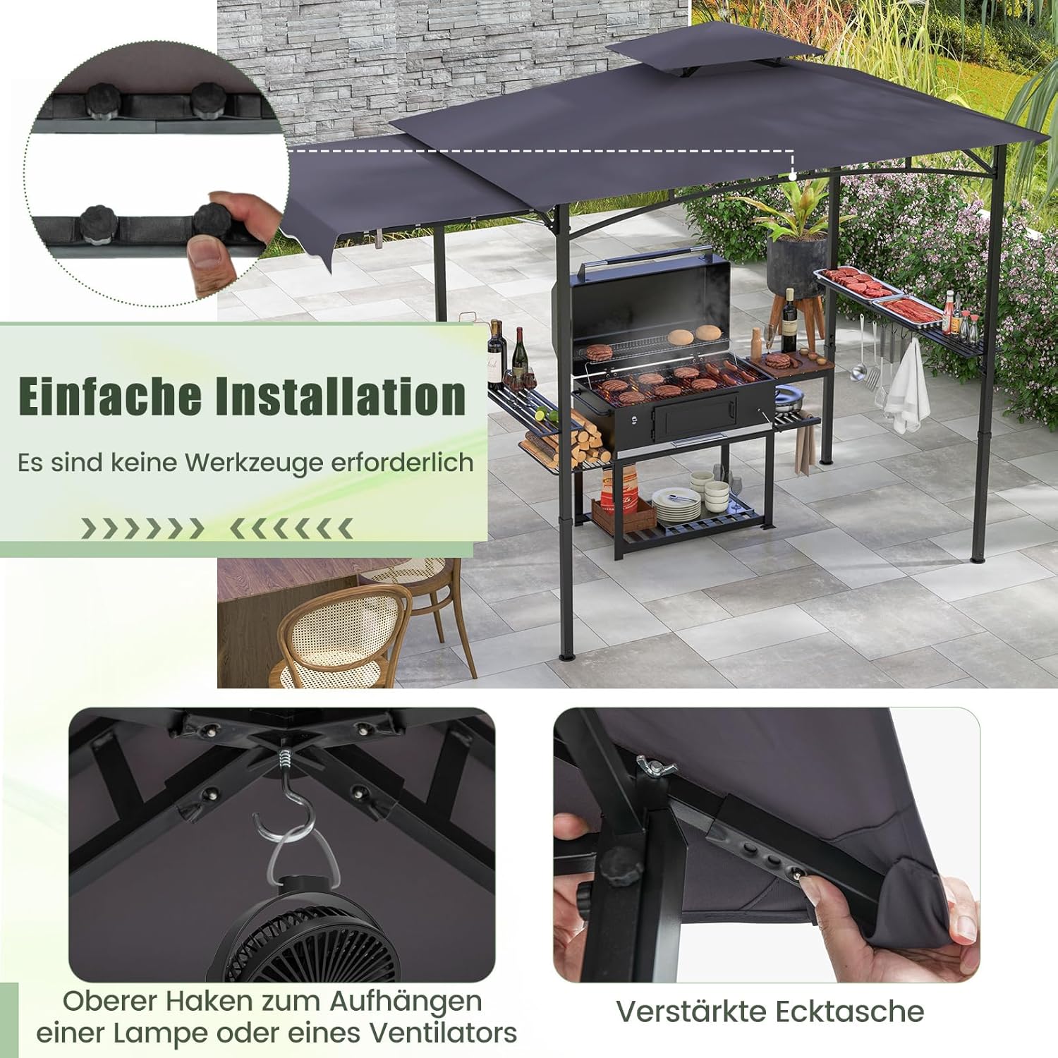 COSTWAY Grillpavillon mit Seitenmarkise, Doppeldach, 2 Seitenregalen & Haken, Gartenpavillon BBQ Pavillon, Grillüberdachungen wetterfest, Grillunterstand Garten Partys, 318x153x250 cm (Dunkelgrau)