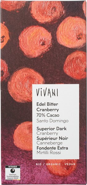 Vivani Chocolate Bar Superior Dark Cranberry 70% Cacao (80 gr)