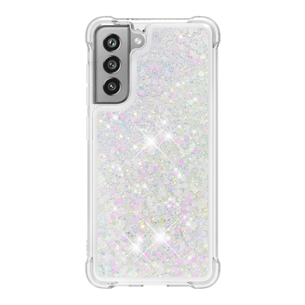 Samsung Galaxy S21 FE 5G Hardcase Hülle mit Air Cushion Fallschutz Liquid Case Glitzer Herzen - Silber/ Rosa / Transparent