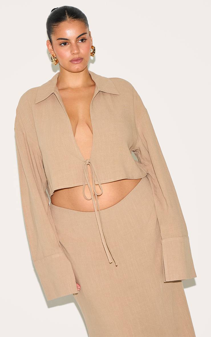 Chemise Courte Grande Taille En Mélange De Lin Avec Nœud Devant