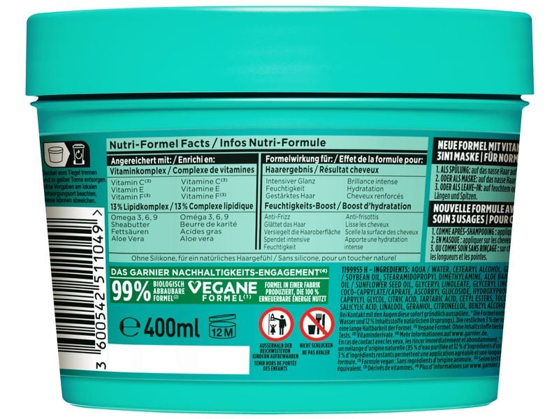 Garnier Fructis Hair Food 3in1 Maske Aloe Vera 400 ml Haarpflege entwirrt und versorgt intensiv mit Feuchtigkeit, ohne zu beschweren