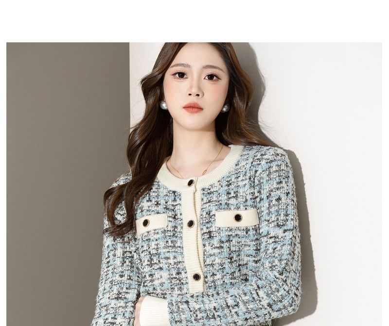 EFO - Set: ronde hals, contrasterende rand, cardigan + hoge taille kokerrok