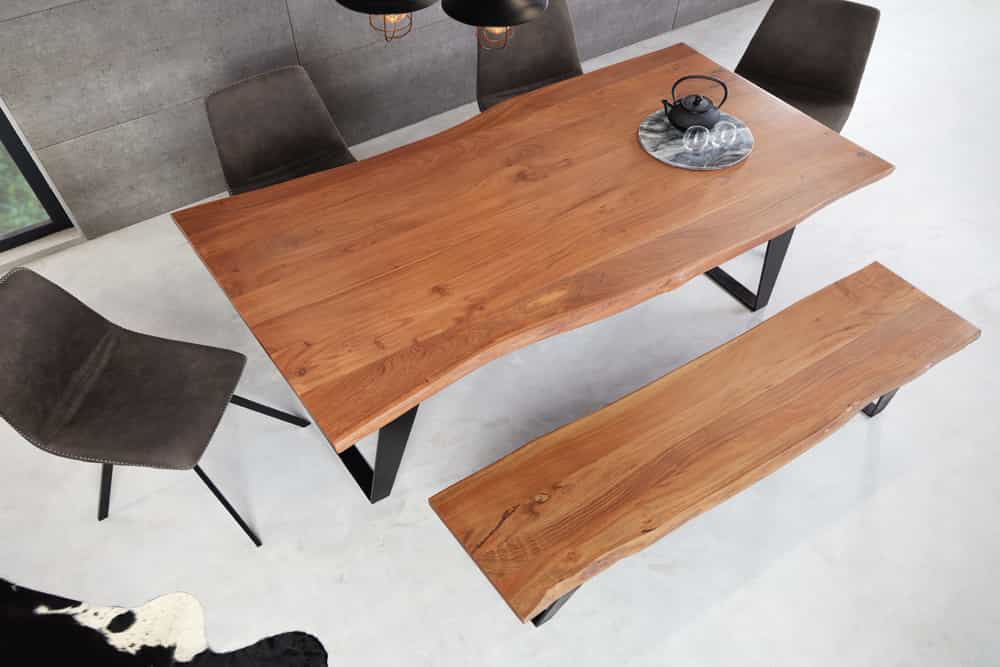 Massivholz Esstisch ORGANIC ARTWORK 180cm Akazie Industrial Design Eisengestell Baumkante