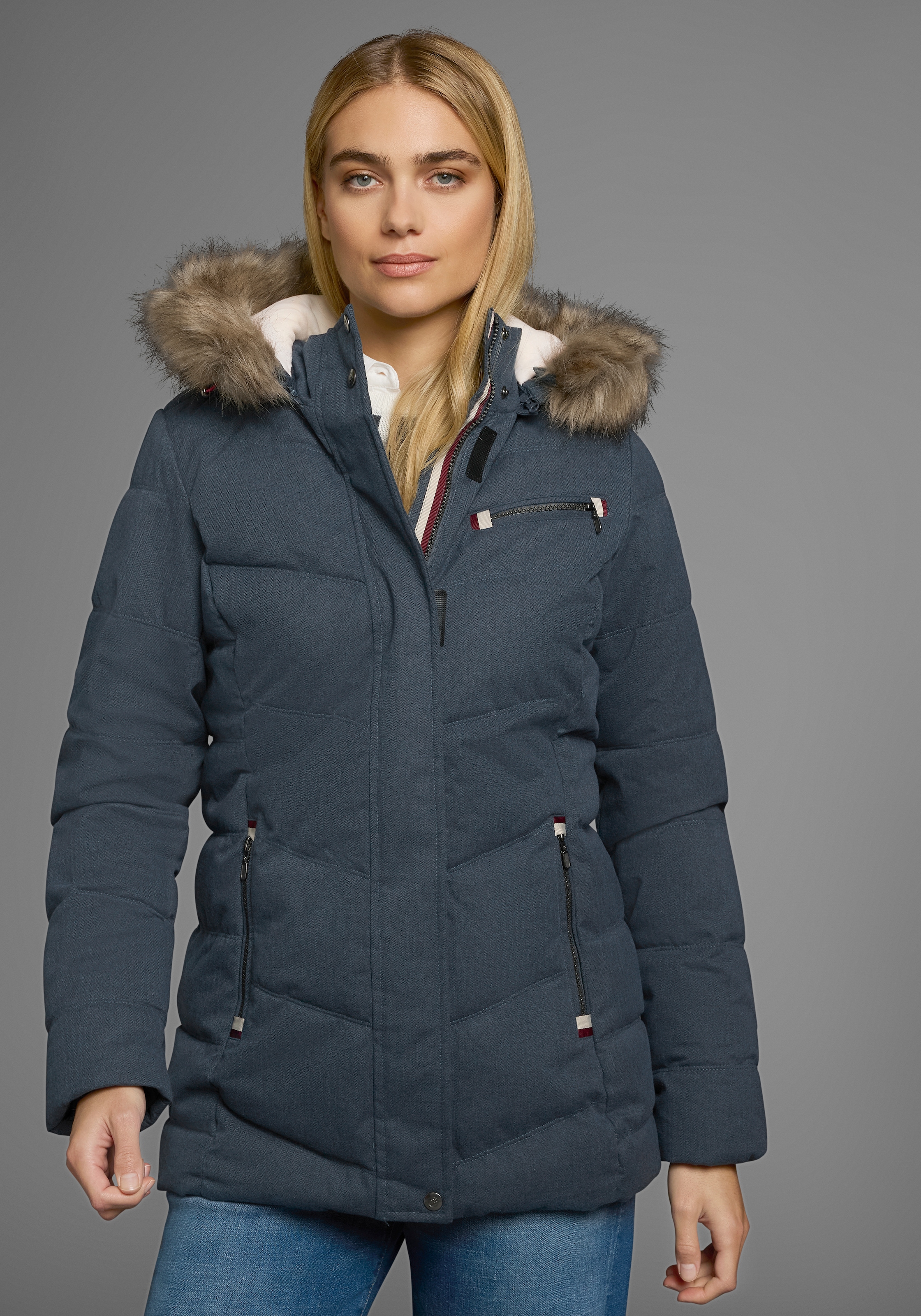 Polarino Steppjacke mitKapuze mit abnehmbarer Kapuze,  mit Fellimitat,  viele Taschen