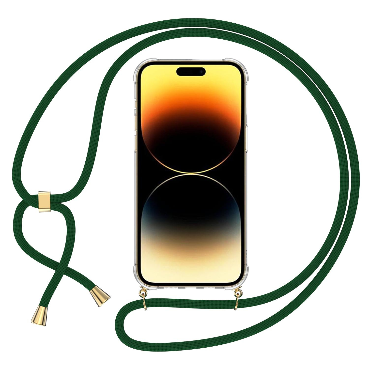 iPhone 14 Pro Max Necklace Gummi Hülle Air Cushion Fallschutz   Handykette (150cm) - Transparent / Dunkelgrün