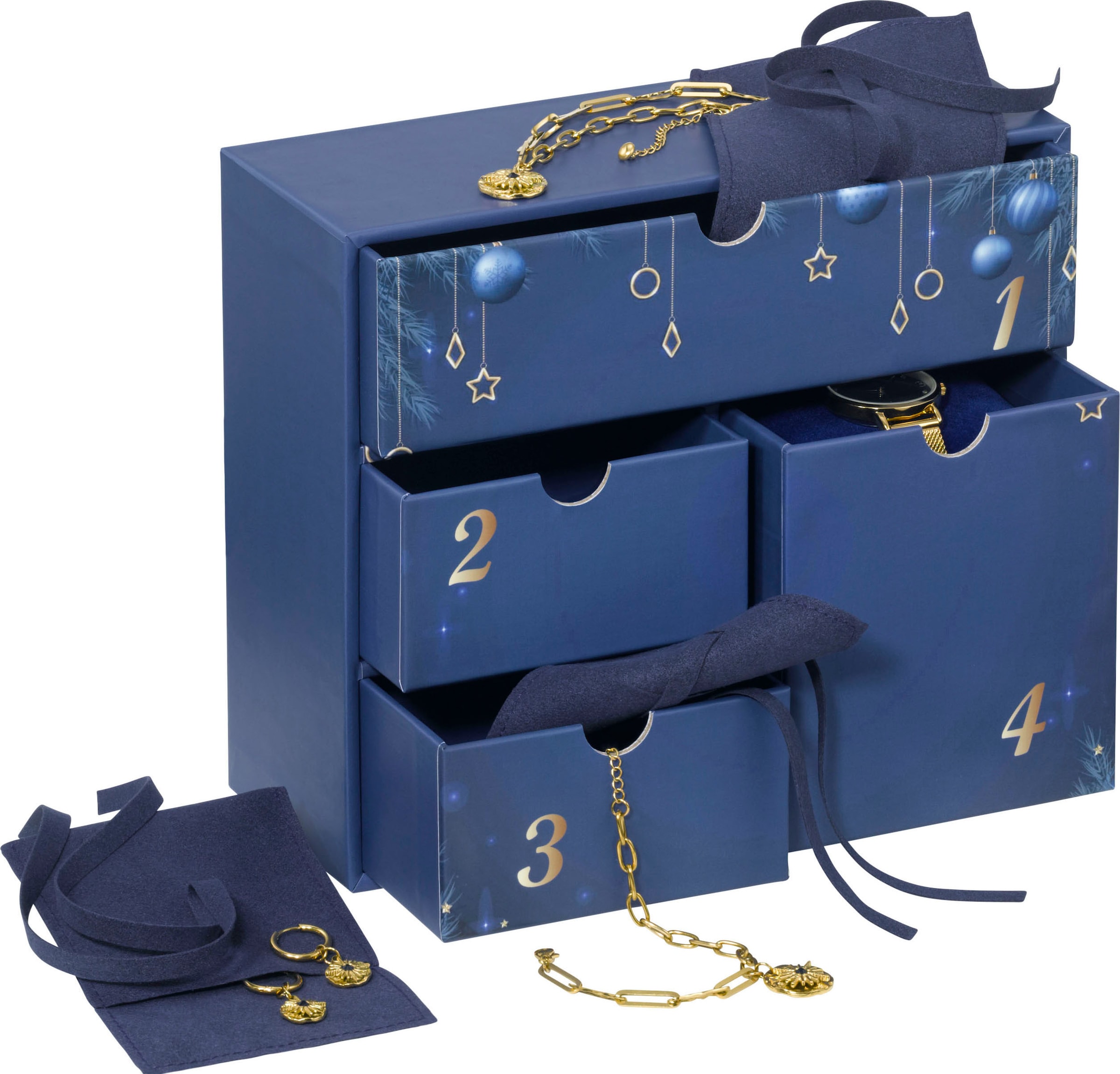 Aniston JEWELRY & WATCHES Adventskalender »Kalender 2025 Geschenkset Weihnachten Uhr Halskette Armband Creolen« für Erwachsene Kristallsteine (synth)