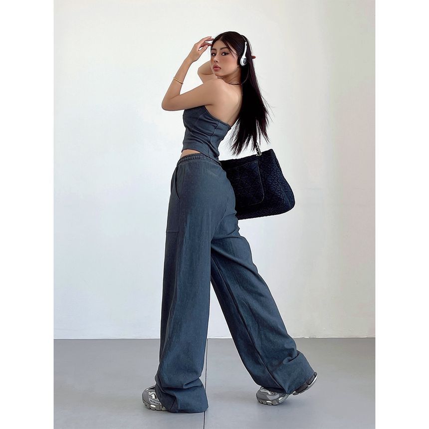 LIVIE - Effen bustiertop / wijde broek met trekkoord in de taille
