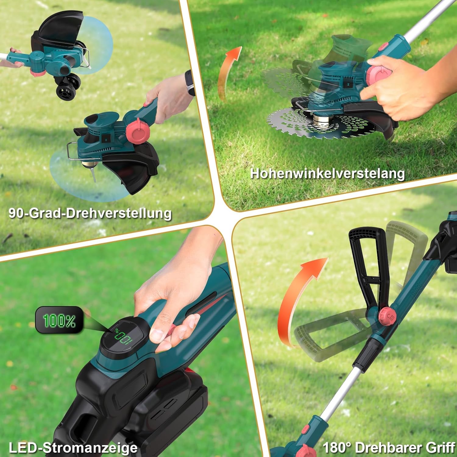 Rasentrimmer mit Akku 21V,Akku Rasentrimmer für Makita Akku,freischneider mit unkrautbürste,2-in-1 Freischneider akku,6 Klingentypen,Inkl 2X4.0Ah Akku & Ladegerät,750W Bürstenloser Motor-Light Blue