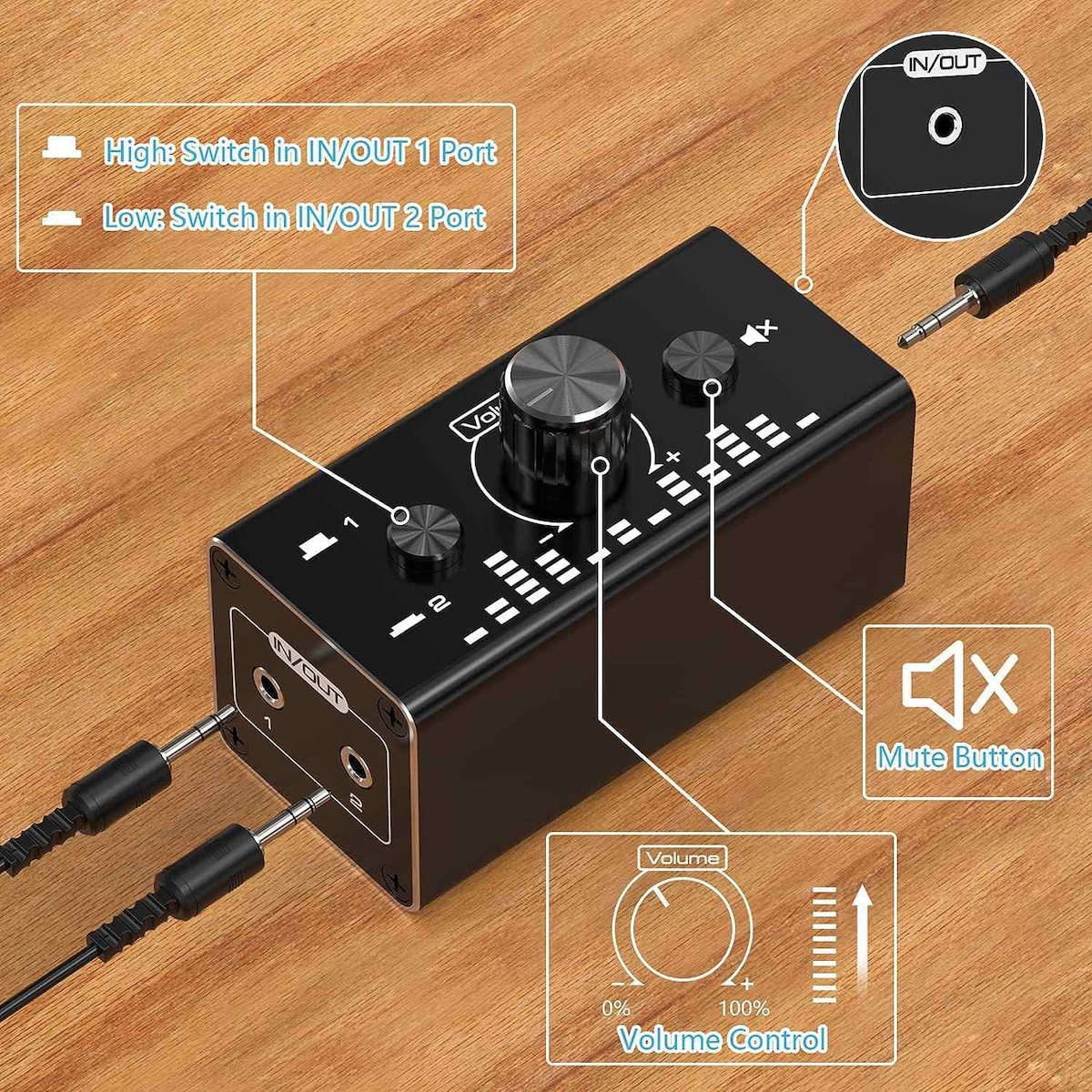 NÖRDIC Bi-Directional 3,5 mm jack lydbryter 2 i 1 ut / 1 i 2 ut analog stille stereolydbryter med volumkontroll