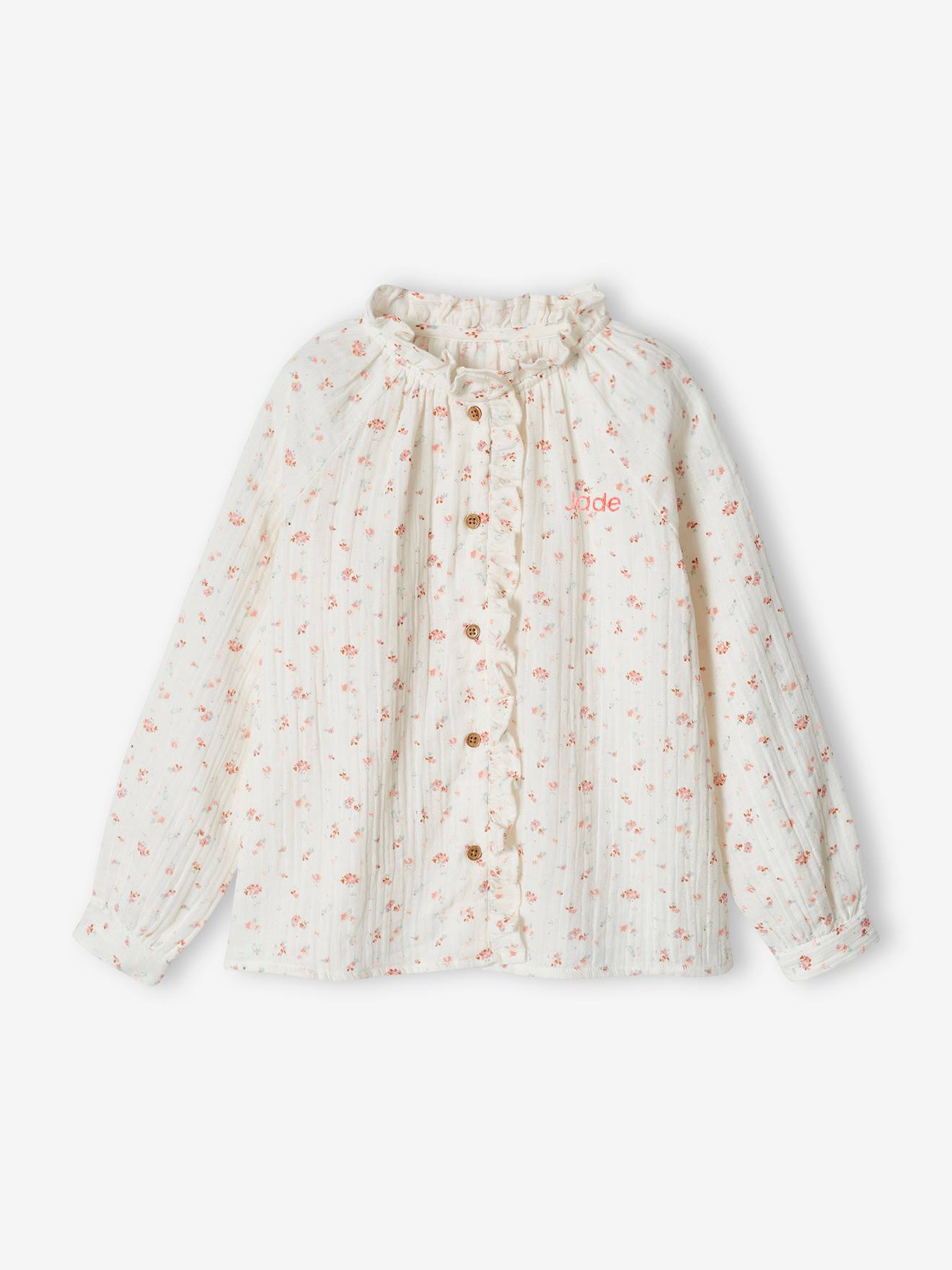 Blusa infantil de chiffon de algodão com babados e estampa floral, cor terracota personalizável.