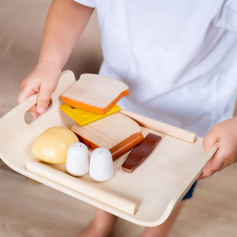 (10-tlg. Set) Holz Frühstücksmenü auf Tablett Kinder Spielzeug Küchen Zubehör Brunch Spielset inkl. Spiegelei / Toast (3415)