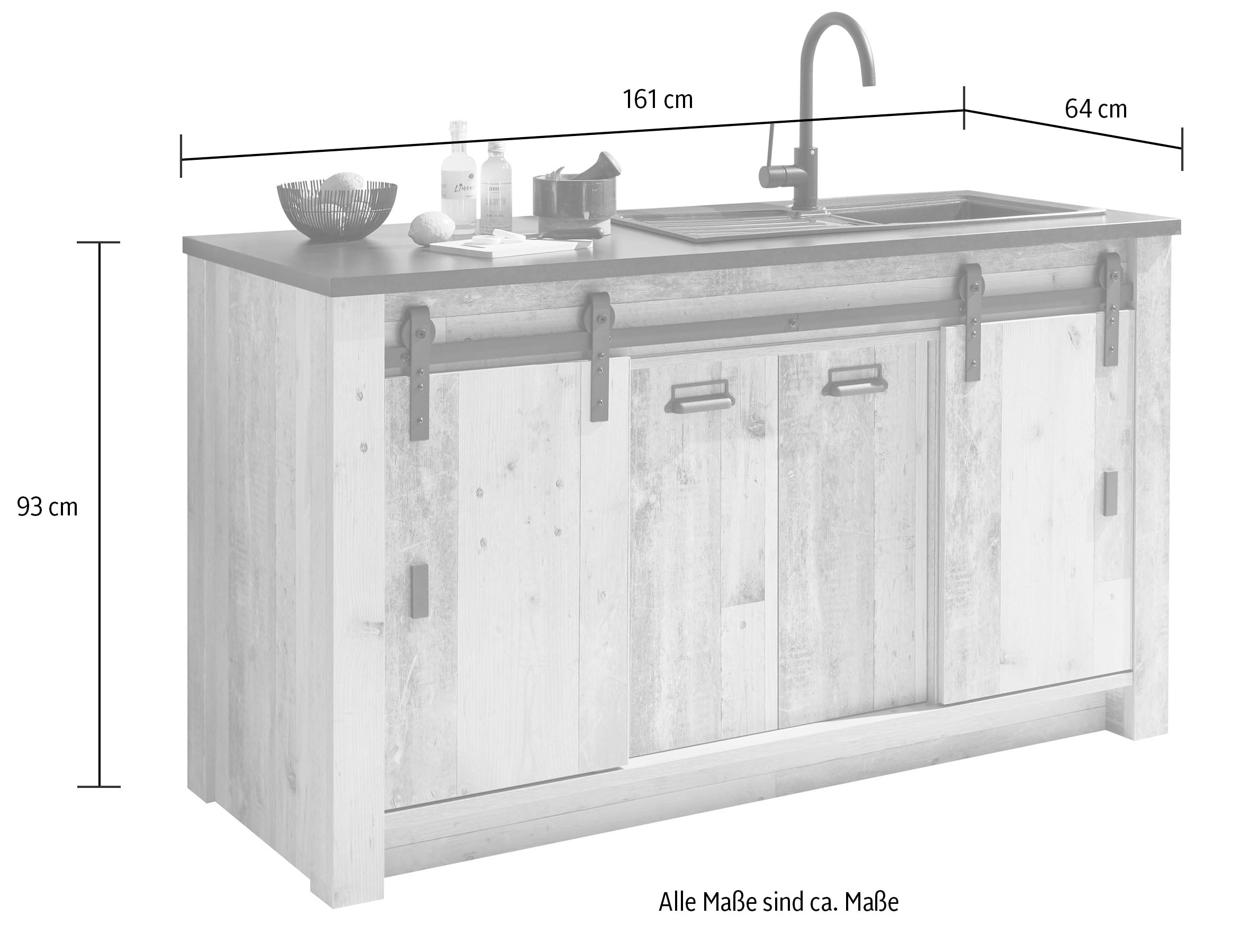 Home affaire Spülenschrank »Sherwood« Breite 161 cm, Scheunentorbeschlag und Apothekergriffe aus Metall