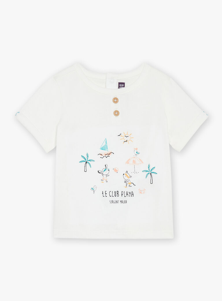 T-shirt écru à manches courtes à motif plage et animaux