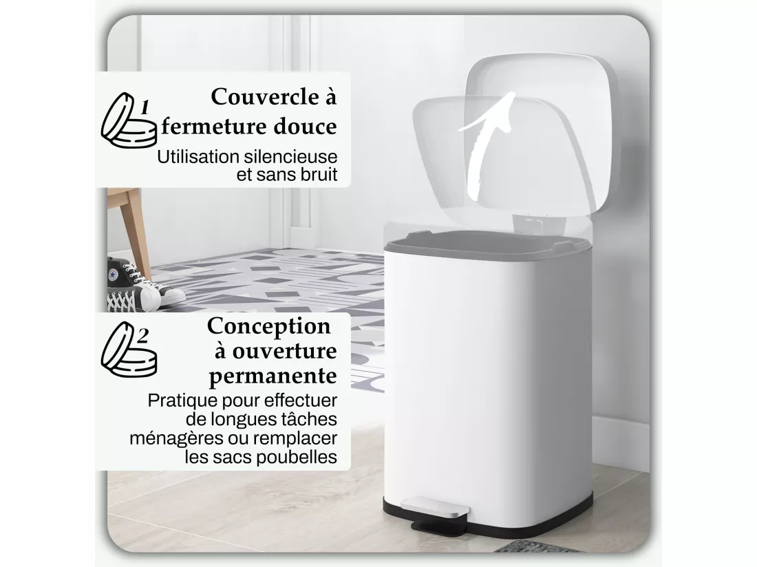 Poubelle de cuisine 20L poubelle à pédale en acier inoxydable avec couvercle à fermeture douce, compacte, seau intérieur amovible, 28L x 35l x 45H cm, blanc