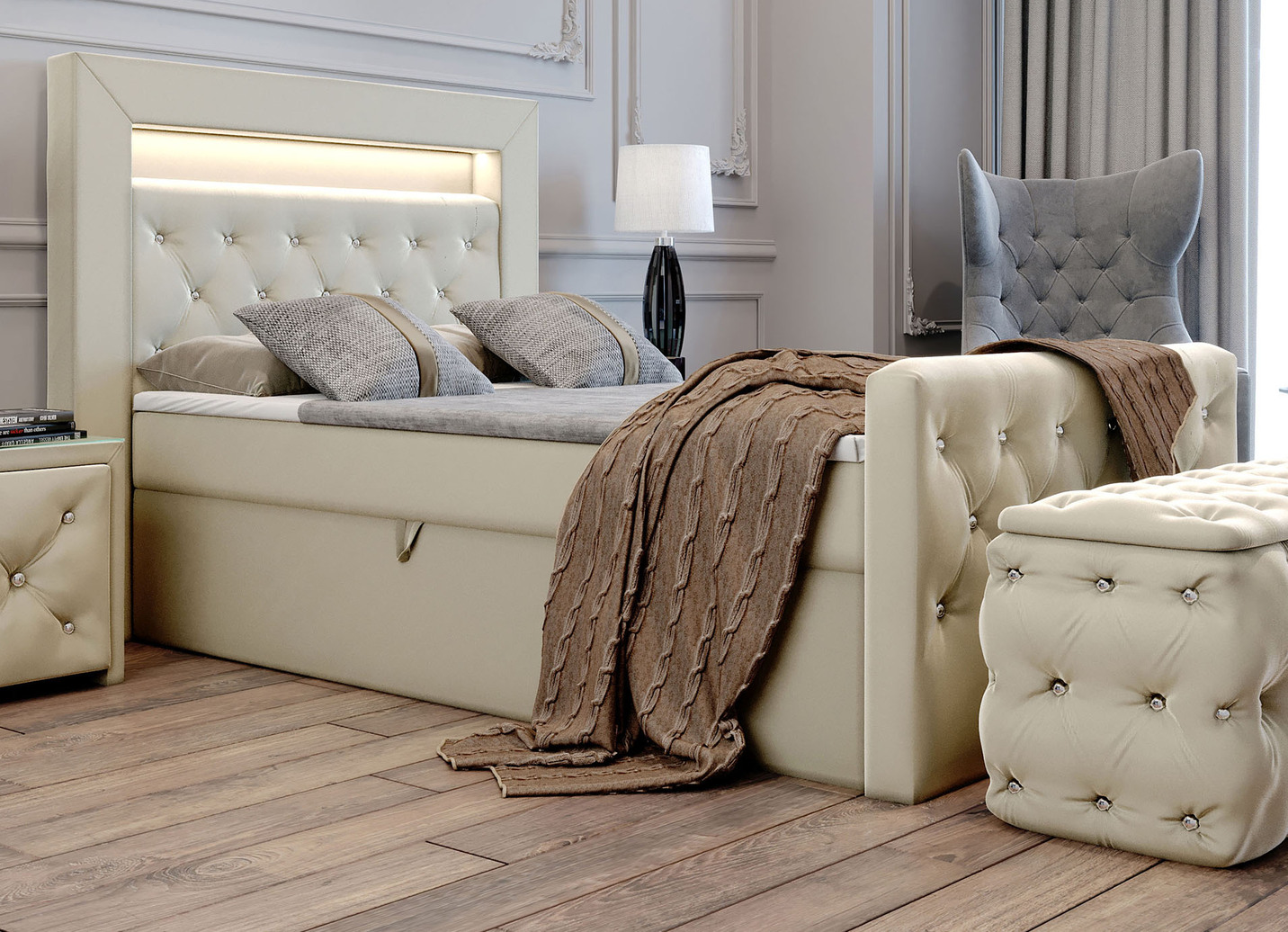 Boxspringbett mit LED-Beleuchtung und Topper