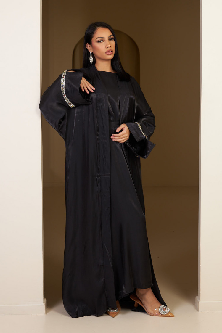 Ensemble 2 pièces abaya + gilet ceinturé noir
