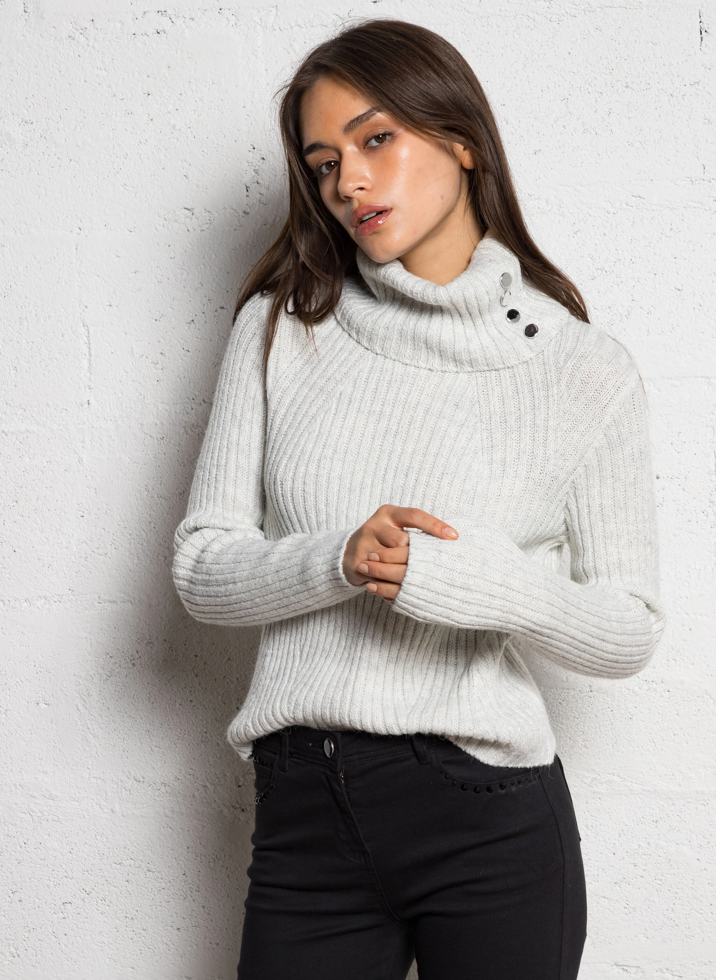 MCASI - Pull col roulé à boutons | Gris