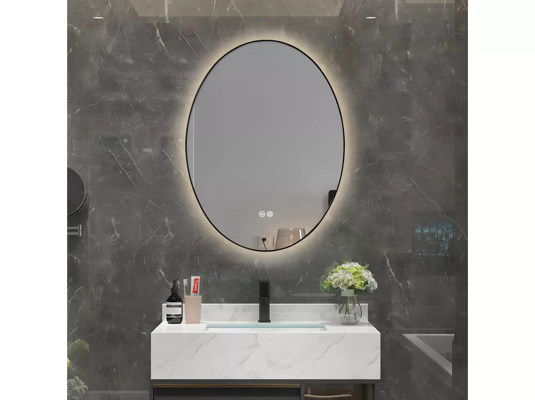 LuxuryBain- Miroir de salle de bain LED à luminosité variable 50x70cm ovale anti buée avec cadre en aluminium noir