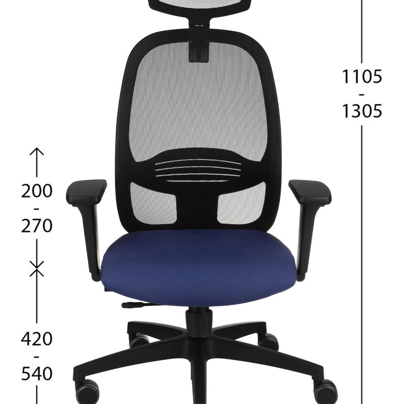 Chaise de bureau ergonomique NODI Noir, tissu et maille, avec accoudoirs 3D et appui-tête, mécanisme synchrone + réglage profondeur d'assise, pieds noirs