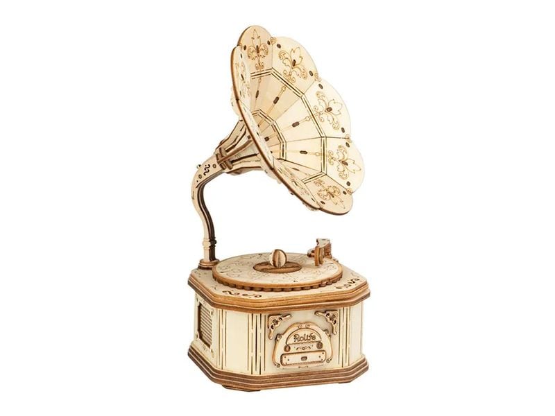 RoboTime Bausatz Gramophone Crank Classic 3D-Puzzle aus lasergeschnittenen Holzteilen