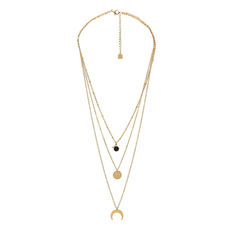 Collier Astral en acier doré orné de cristaux Swarovski avec pierre crystal noir