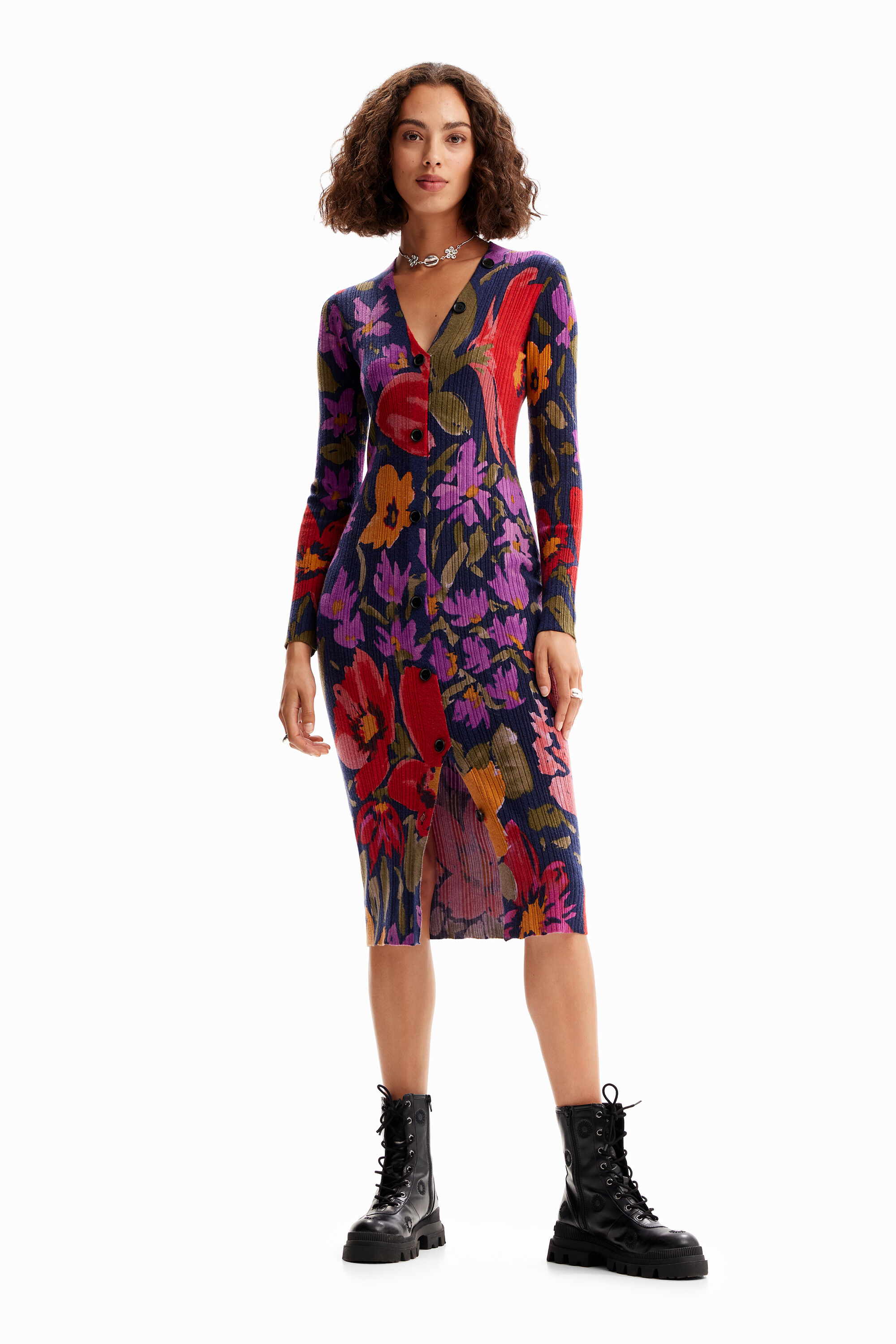 Vestido midi floral de tricô
