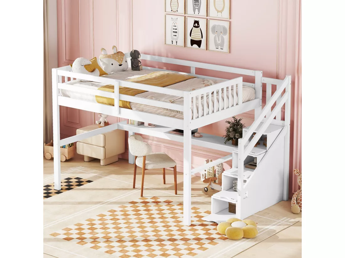 Lit mezzanine enfant 140 x 200 cm avec 4 tiroirs de rangement et bureau, Bois en pin, Blanc