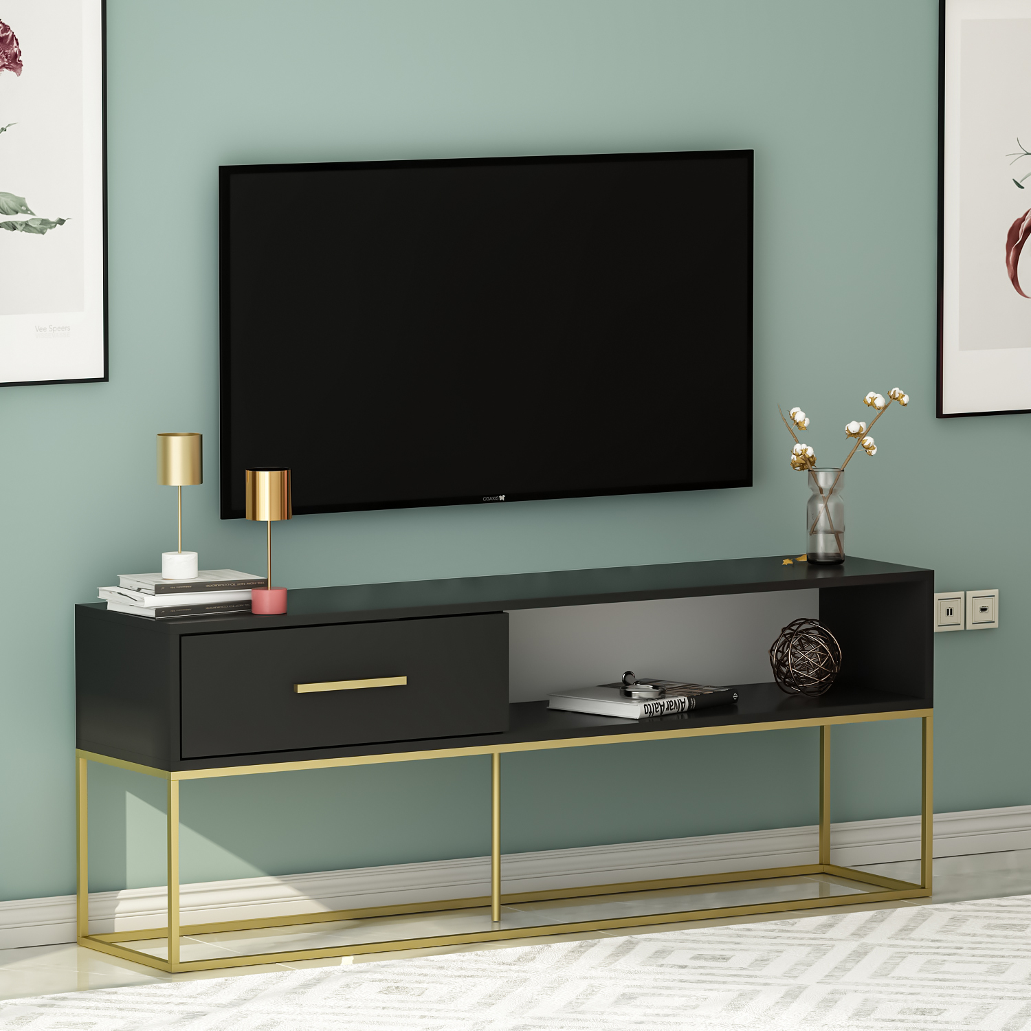 TV-Lowboard - schwarz-goldfarben - mit Türklappe - 160 cm