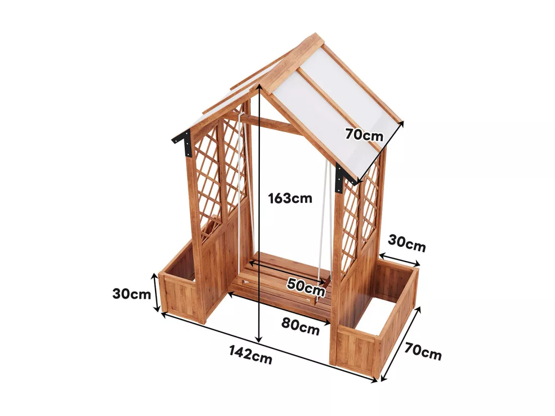 Bac à fleurs balançoire extérieur avec treillis et toit pare-soleil polycarbonate bois massif brun jardin terrasse